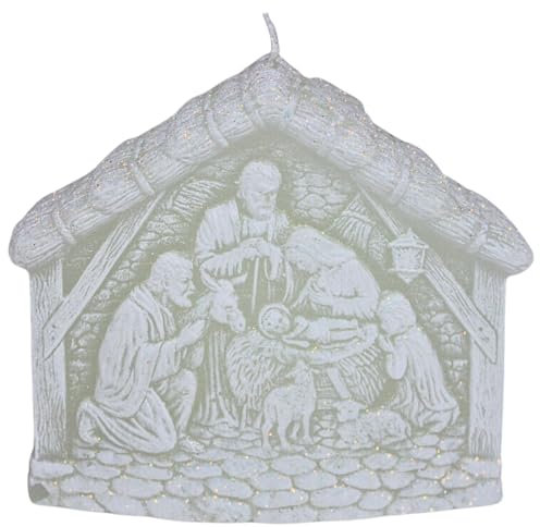 Dekohelden24 Hochwertige Christliche Kerze als Krippe, Christ Geburt als Krippenstall, in Weiß Mit Glitter, Größe L/B/H: Ca. 12 x 4 x 11 Cm
