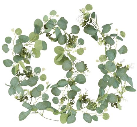 Künstliche Efeu Girlanden, 2 Stück Eukalyptus Girlande 180cm mit Weidenblättern Grüne Blätter Weiße Blume Blättergirlande Eukalyptus Deko Künstliche Pflanze Hängepflanze für Hochzeitsstrauß Tisch
