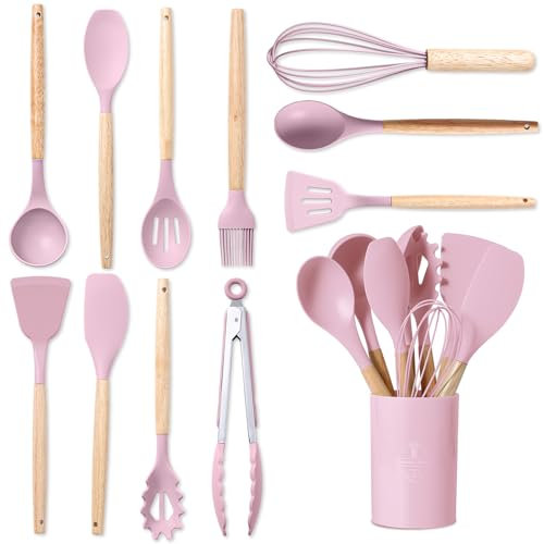 BASVII 12 Piezas Juego de Utensilios de Cocina de Silicona, Fabricado en Silicona y Mangos de Madera, Resistente al Calor Antiadherente, Utensilios Cocina Apto para Todas Las Ollas y Sartenes (Rosa)