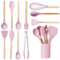 BASVII 12 Piezas Juego de Utensilios de Cocina de Silicona, Fabricado en Silicona y Mangos de Madera, Resistente al Calor Antiadherente, Utensilios Cocina Apto para Todas Las Ollas y Sartenes (Rosa)