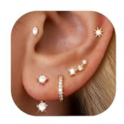 6 Pairs 14K Gold Plated Stud Earrings for Women, Hypoallergenic Cuff Cartilage Earrings for Multiple Piercing, Dainty Small Stackable Earrings Set for Jewelry Gift