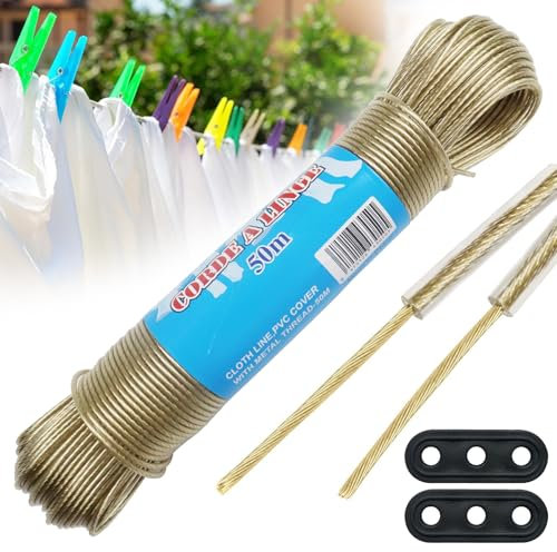 UZSUZZ Cuerda para Tender de 50m con Núcleo de Acero, Tendedero Exterior Resistente al Agua y la Corrosión, Extra Fuerte con Capacidad de Carga de 120kg, Ideal para Camping y Jardín