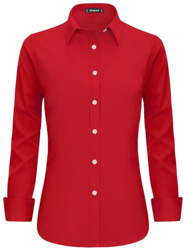 Stamain Camisa de Mujer Rojo Elegante con Scollo a V y Mangas Largas Camisa de Botones Blusa Mujer Ideal para Oficina y Eventos Formales,L
