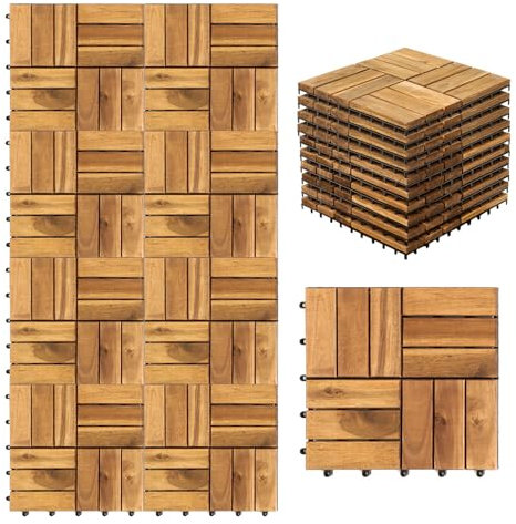 Fiqops Piastrelle in legno per balcone, 30 x 30 cm, in legno di acacia, 11 pezzi, 1 ㎡, per terrazze, terrazze, mosaico, per giardino, patio, balcone (12 listelli)