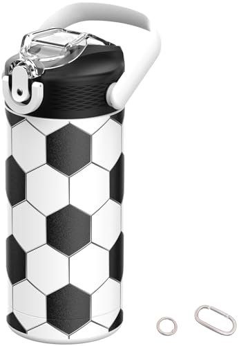MYFOREST 400 ml Bouteille d'eau isotherme pour enfant, acier chirurgical, motif original haute résolution, compatible lave-vaisselle, badge nominatif, mousquetons (Football)