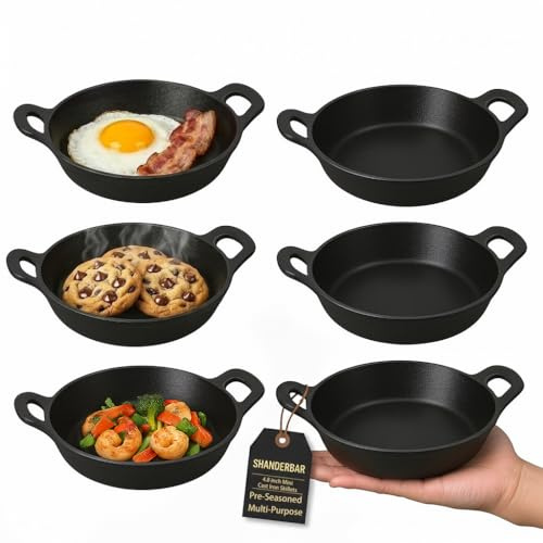 Mini Cast Iron Skillets 5 x 5 x 1.3 Inch Black Small Cast-iron Pan Set, Mini Ramekins Round Cast Iron Casserole Dish Cookware for Serving Food Baking Roasting Cooking Home Restaurant Kitchen (6 Pack)