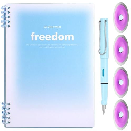 CALLYSONIC Notizbuch A4 Ringbuch, Spiral-Ringbuch A4 nachfüllbar 120 Seiten (60 Blatt), Loseblatt-Notizbuch mit Füllfederhalter, 4 Radiergummis