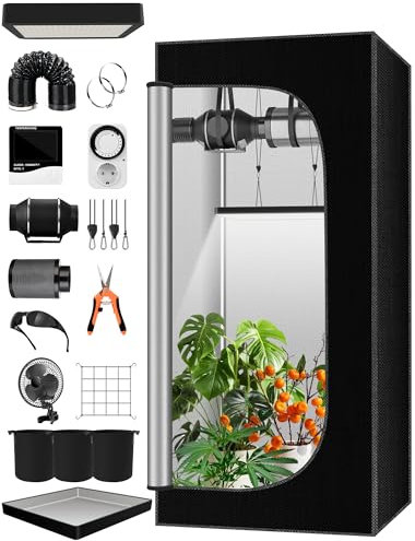 QEANY Komplettes Growzelt Set, 60x60x140cm Growbox, Growzelt-System mit 100W LED-Wachstumslicht, automatischem 4-Zoll-Lüfter, Kohlefilter und Lüfter, Indoor Grow Tent Set (6060140TZ)
