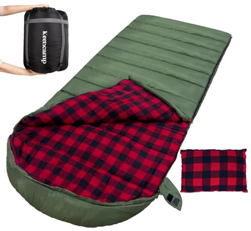 Keencamp Schlafsack Outdoor Flanell Warmer 3-4 Jahreszeiten Baumwolle Innenfutter XXL Deckenschlafsack Tragbar Leicht Winter Schlafsäcke Camping für Erwachsenen 230x90CM Olive
