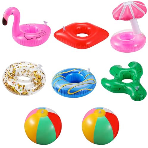 8 Pieces Inflatable Drink Floaties Holder & Beach Ball Inflatable Pool Drink Cup for Girl Dolls Pool Floats Accessories Cup Holder Set Water Toys for Family Pool Beach Party Hot Tub Water Fun Prop