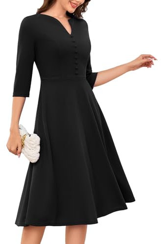 DRESSTELLS Black Cocktail Dresses for Women UK, Long Sleeve Formal Summer Wedding Guest Dress, Vintage Tea Party Prom Modest Funeral Black 2XL
