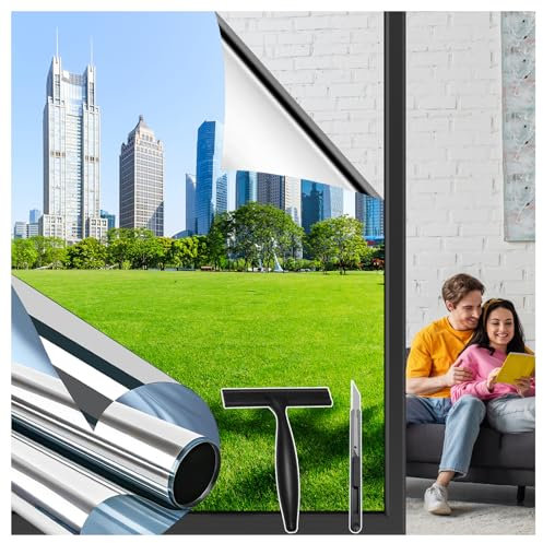 Niviy One Way Window Film Privacy Film for Glass Windows, Heat Reflective Window Tint Film & UV Blocking Stickers, Anti Glare Films for Home Office, Silver 105x200cm