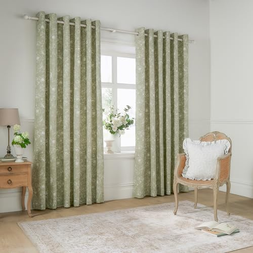 furn. Wylder Bella Eyelet Curtain Pair – 100% Cotton Natural Botanical Floral Lined Drapes (Sage - 229x183cm)