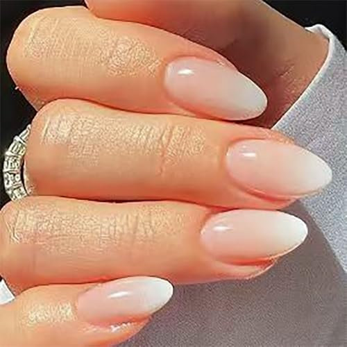 24PCS Short Almond Press On Nails – Pink White Ombre French Tips with Nail Glue, Elegant Gradient Fake Nails for Women, Durable ABS Material