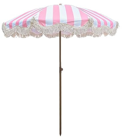 WBQYIPD Parasol de plage à franges de 200 cm for terrasse et jardin, parapluie portable à pompons, protection solaire, imperméable, rayures roses et blanches