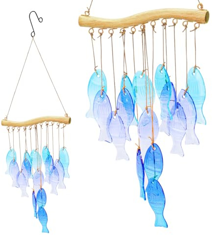 Sea Glass Windspiel Blau, Fisch-Windspiel für draußen, Strand-Ozean-Thema, Seeglas, Heimdekoration für Terrasse, Balkon