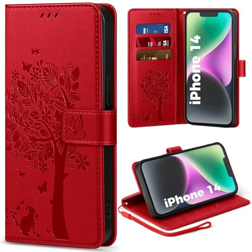 EASDNB Handyhülle für iPhone 14 Hülle, Lederhülle für iPhone 14 Wallet Flip Case mit [3 Kartenfächer] [Magnet] [Ständer] Premium Leder Prägung Schutzhülle Klapphülle für iPhone 14, Rot