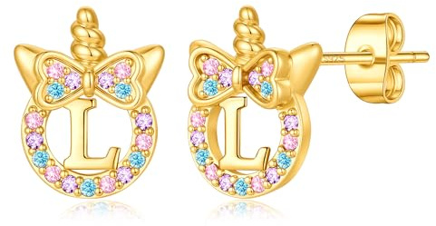 TINGN Einhorn Ohrringe für Mädchen Geschenke - Hypoallergene Silber 925 Bunte Regenbogen Zirkonia Ohrstecker mit Buchstaben Gold Ohrringe Kinder Schmuck Einhorn Geschenk für Mädchen 5-12 Jahre
