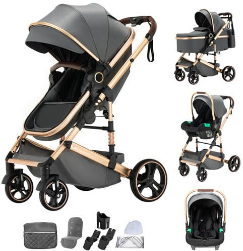 Mobayta Kinderwagen 3 in 1 Komplettset Baby Kombikinderwagen bis 22kg, Zusammenklappbar, Große Gummireifen, Großer Einkaufskorb, Warmer FußsackOrganizer Tasche (H9 Dark grey, H9)