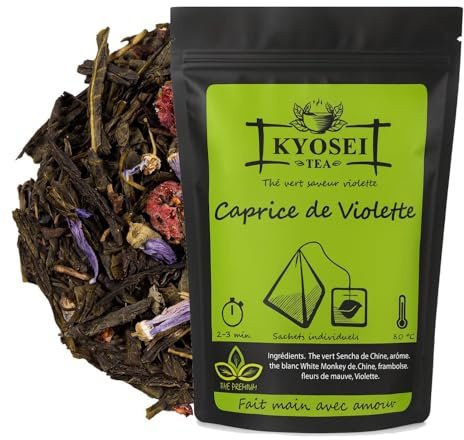 Kyosei Tea – Caprice de Violette Premium – 50 Sachets Pyramide Biodégradables – Sencha & White Monkey aux Notes de Framboise & Violette – Infusion Florale & Délicate