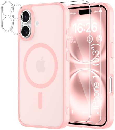 YNMEacc 5 in 1 Magnetic for iPhone 16 Case 6.1-Inch with 2X Screen Protector + 2X Lens Protector, [Compatible with MagSafe] Military-Grade Protection, Slim Shockproof Anti-Scratch Cover - Pink