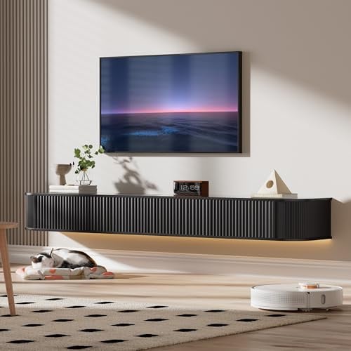 PURFINO Floating TV Stand Unit with RGB LED Light - 160CM Wall Mounted TV Cabinet with Upgraded Storage & Rounded Edges, Modern TV Media Console for 55-65 Inch TVs