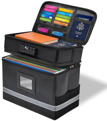 YTACREA Porte Documents Ignifuge A4, Pochette Etanche Document avec TSA Serrure, Boite de Rangement Bureau Anti Feu pour Dossier Suspendu, Organisateur de Documents A4 Portable, Deux Couches, Noir