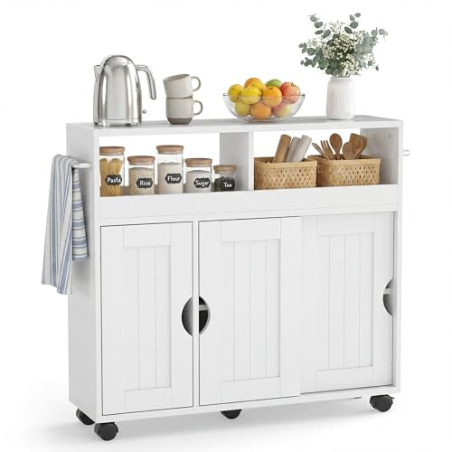 GIANTEX Mobile Bagno con Ruote e Porta Scorrevole, Scomparti Aperti | Mobile WC Stretto con Mensola Regolabile, Porta Asciugamani, Armadietto Contenitore per Salotto, Cucina, 75 x 20 x 72 cm