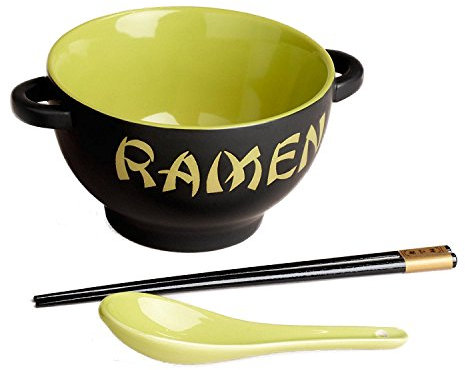 World Market Japanese Ceramic Ramen Bowl Set - 3-pc Green Rooster Noodle Bowl with Soup Spoon and Chopstick - Soup Bowls for Noodle Soup, Ramen, Udon, Miso, Thai, Curry, Soba, Pho Soup - 17. 5 Ounce
