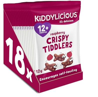 Kiddylicious Raspberry Crispy Tiddlers - Delicious Real Fruit Treat for Kids - Suitable for 12+ Months - 18 Packs