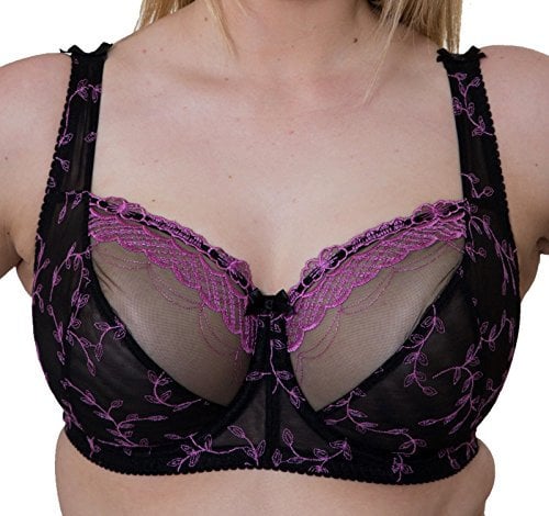 Gem Ladies Black with Pink Embroidery Large Bosom Semi Sheer Lace Underwired Firm Bra Plus Size Cup (40 D)