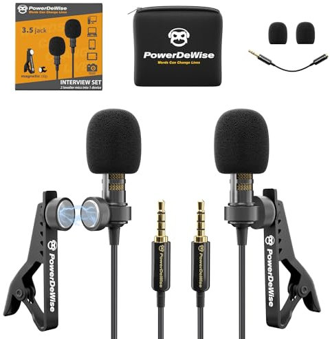 PowerDeWise 2 Lavalier Mikrofon Set für Dual Interview - Dual Ansteckmikrofon - 2 Lavalier Mikrofon Set - Perfekt als Blogging Vlogging Interview Mikrofon für iPhone 6, 7, 8, 8, X
