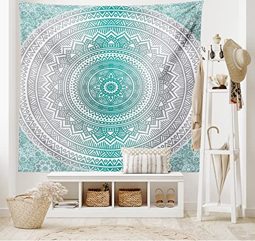 ABAKUHAUS Mandala Wandteppich und Tagesdecke, Boho Meditation Art Work aus Weiches Mikrofaser Stoff Waschbar ohne Verblassen Digitaldruck, 230 x 140 cm, Grau Teal