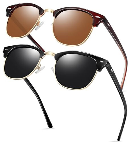 KANASTAL 2 Pares Gafas de Sol Marrones Polarizadas Hombre y Mujer Medio Marco Clásico Retro Vintage Moda con Protección UV400 - Doradas Marrón + Oro Negras