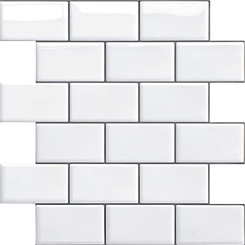 Yoillione Credence Adhesive pour Cuisine Salle de Bain, Faux Carrelage Adhesif Mural Blanc Credence Cuisine Adhesive, ImperméAble Metro 3d Dalle PVC Adhesive Murale, 4 Pièces