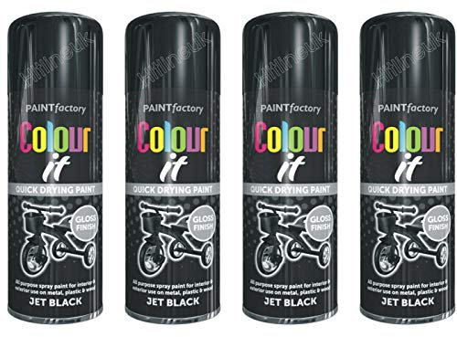 HitlineUK 4 x BLACK SPRAY PAINT GLOSS 400ML AEROSOL SPRAY CAN QUICK DRYING PLASTIC METAL COLOUR IT