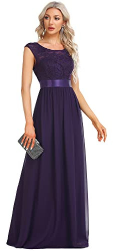 Ever-Pretty Vestito da Sera Classico Scollo a Rotondo Pizzo Linea ad A Stile Impero Chiffon Elegante Donna Viola Scuro 50
