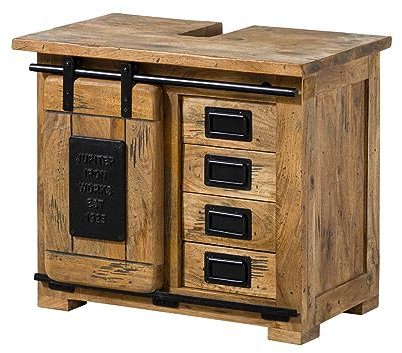 MASSIVMOEBEL24.DE | Railway - massiver Unterschrank Natur, lackiert | aus Mangoholz | 70x40x60 | 2 Fächer + 4 Schubladen - mit Schiebetür | Aufbewahrungsschrank Flurschrank