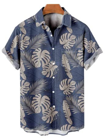 Hawaii-Bowling-Hemden für Herren, kurzärmelig, bedruckt, normale Passform, Sommer, Strand, lässig, Button-Down-Aloha-Hemden, Palm & Monstera Ceriman Blätter, Klein