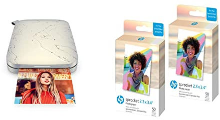 HP Sprocket Portable 5.8x8.7 cm Sofortbilddrucker (Weiß) & HP Sprocket 2,3 x 3,4 Premium Instant Zink Sticky Back Fotopapier (100 Blatt) kompatibel mit HP Sprocket Select und Plus Druckern
