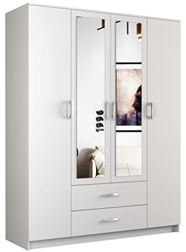CDF Moderner Schrank Romana 160 mit Spiegel | Farbe: weiß | Ideal für Schlafzimmer, Flur, Kinderzimmer oder Büro | Kleiderbügel, Mäntel, Jacken | Praktische Fächer | 2 Schubkästen