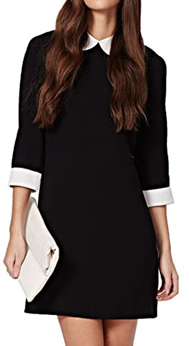 Futura London Womens Black Monochrome Peter Pan Contrast Collar& Cuff 3/4 Sleeve Casual Club Halloween Cocktail Mini Dress (as8, Numeric, Numeric_16, Regular, Regular)