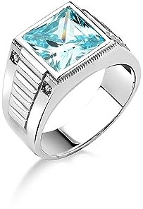 BySilverStone Jewelry Blauer Topas-Siegelring Für Den Kleinen Finger Aus Sterlingsilber, Großer Quadratisch Geschliffener Steinring Für Männer, Klarer Aquamarin-Stein-Herrenring, Ehering Für Männer