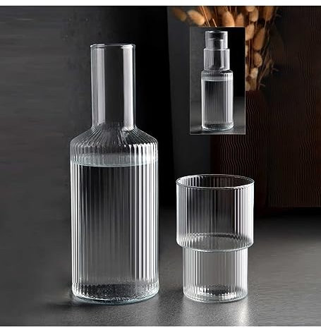 2 Teiliges Glaskaraffe Set Bedside Table Wasserkaraffe Mit Glas Bedroom Karaffe Nachttisch Wasser Deckel Wasserkrug Glass Water Bottle Glaskaraffe Karaffen Glasses Wasserflasche (Origami 1-lt.)