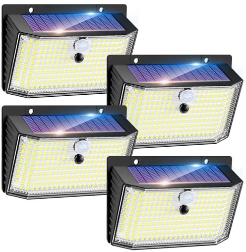 kolpop [4 Paquete/208 LED Luz Solar Exterior con Sensor de Movimiento, 3 Modos Focos Led Exterior Solares, IP65 Impermeable Lampara, Luces Solares Led Exterior para Jardín, Garaje, Calle, Patio