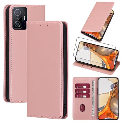 Vauki Hülle Leder für Xiaomi 11T/Xiaomi 11T Pro 5G Handyhülle mit 1 Schutzfolie, Standfunktion Kartenfach Wallet Schutzhülle Flip Case Cover Stoßfeste Klapphülle für Xiaomi 11T 6.67,Rose-Gold