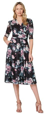 Izabel London Floral Ruched Midi Tea Dress for Women UK with a Pleated midi Skirt and 1/2 Sleeves.
