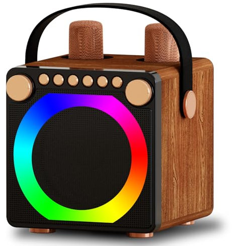 Karaoke Complet, Karaoke avec 2 Microphones sans Fil, Bluetooth 5.3, Design Rétro, Lumière LED de Captation de Musique, Un Clic pour Annuler Le Son Original, Poignée en Cuir