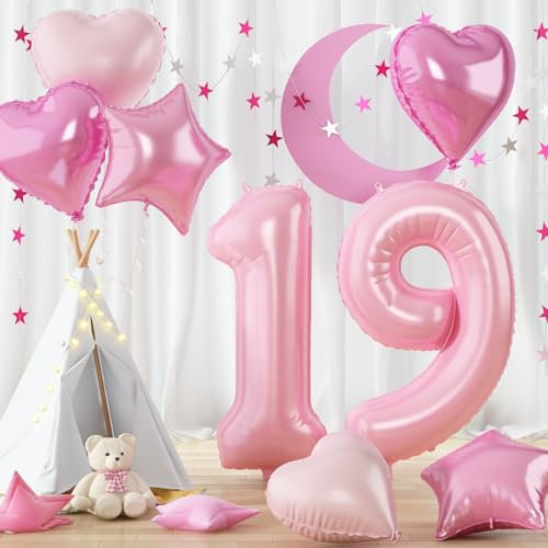 Zahlen Luftballon 19 Rosa, Riesen Hell Pink Folienballon Zahl für Frau 19 Geburtstagsdeko, 40 Zoll Helium Zahlenballon mit Herz Stern Ballon 19. Geburtstag Deko für 19 Jahre Jubiläum Party Dekoration