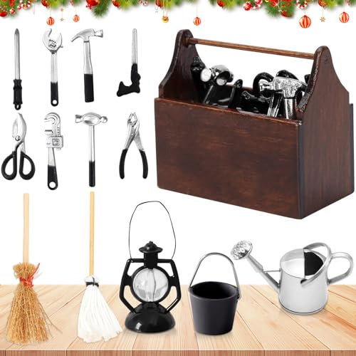 Wichtel Zubehör Set,1/12 Miniatur Werkzeugkasten,14 Stück Wichtel Zubehör Weihnachten,Miniatur Wichtel Zubehör,Mini Holz Werkzeugkiste mit Werkzeug,DIY Deko Se Geschenk für Puppenhaus
